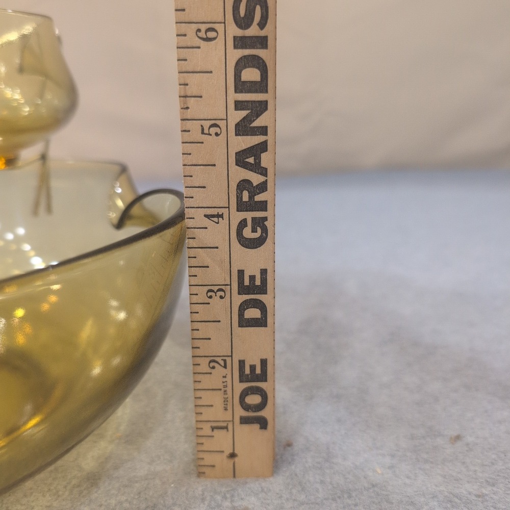 Vintage MCM Smoked Olive Green Glass Ruffled Chip and Dip Set with Metal Bracket - Picture 5 of 8